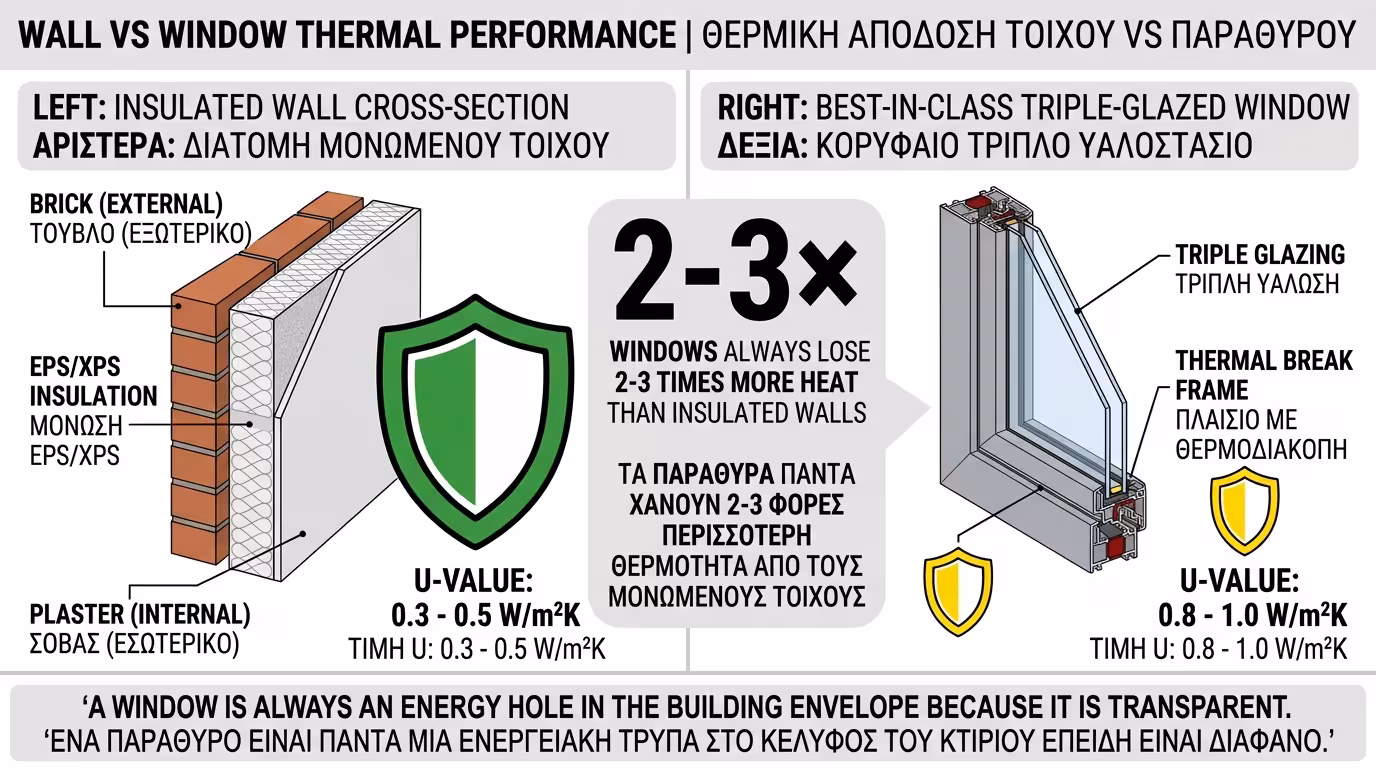Σύγκριση U-value: τοίχος 0.3-0.5 W/m²K vs κούφωμα 1.0-1.5 W/m²K