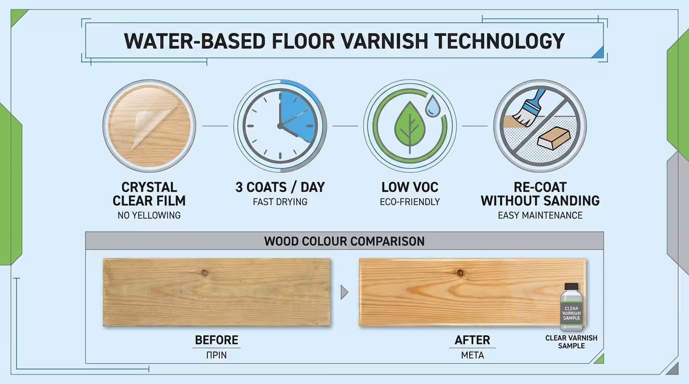 Ινφογκράφικ βερνικιού νερού: crystal clear φιλμ, ταχύ στέγνωμα (3 στρώσεις/μέρα), άοσμο, δεν κιτρινίζει (ελληνικά και αγγλικά)