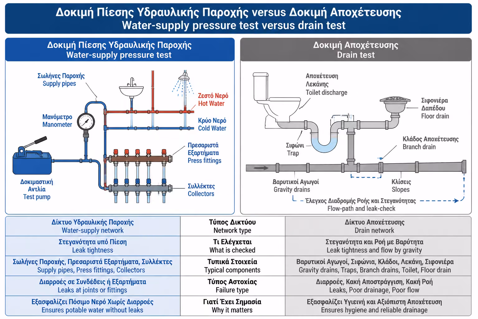 Εικονογράφηση για 5. Δοκιμή Πίεσης Ύδρευσης vs Δοκιμή Αποχέτευσης