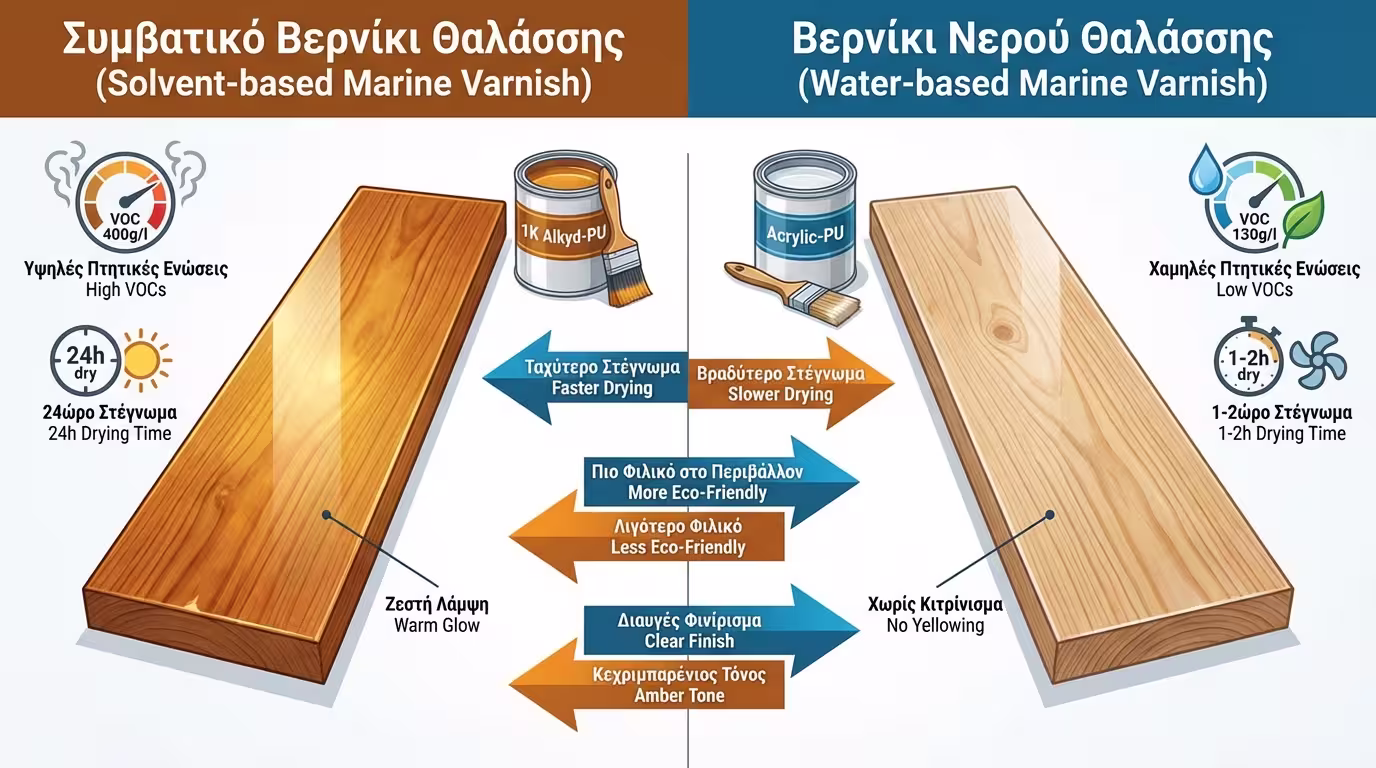 Ινφογκράφικ σύγκρισης βερνικιού θαλάσσης νερού vs διαλύτου: amber effect, VOC, στέγνωμα, κιτρίνισμα (ελληνικά και αγγλικά)