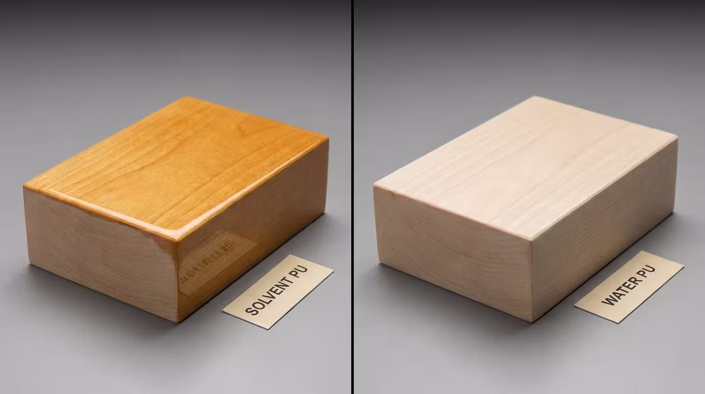 Σύγκριση δύο ξύλινων δειγμάτων - PU διαλύτου (ζεστό amber) vs PU νερού (crystal clear)