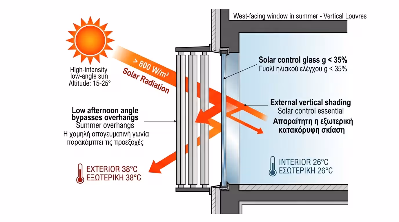 Δυτική πρόσοψη με τζάμια ηλιακού ελέγχου και κάθετη σκίαση - θερμοπροστασία