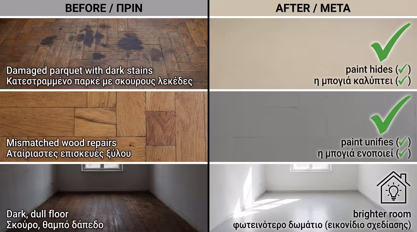 Ινφογκράφικ 3 σεναρίων: φθαρμένο παρκέ (λεκέδες/τρύπες), μίξη ξύλων, αισθητική αναβάθμιση (λευκό/γκρι → φωτεινός χώρος) (ελληνικά και αγγλικά)
