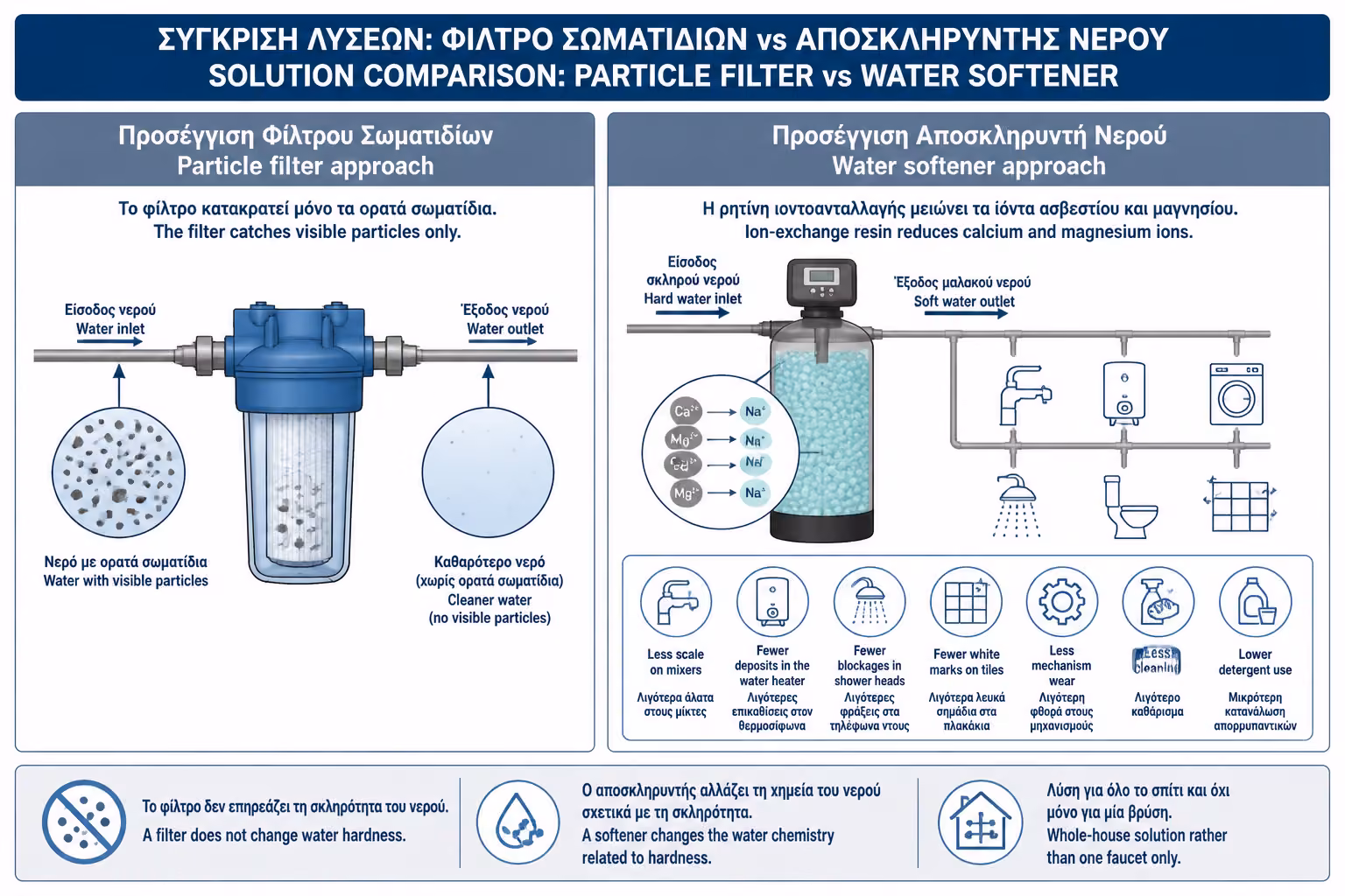 Σύγκριση φίλτρων κεντρικής παροχής και αποσκληρυντή, ως εικονογράφηση για την προστασία όλου του δικτύου