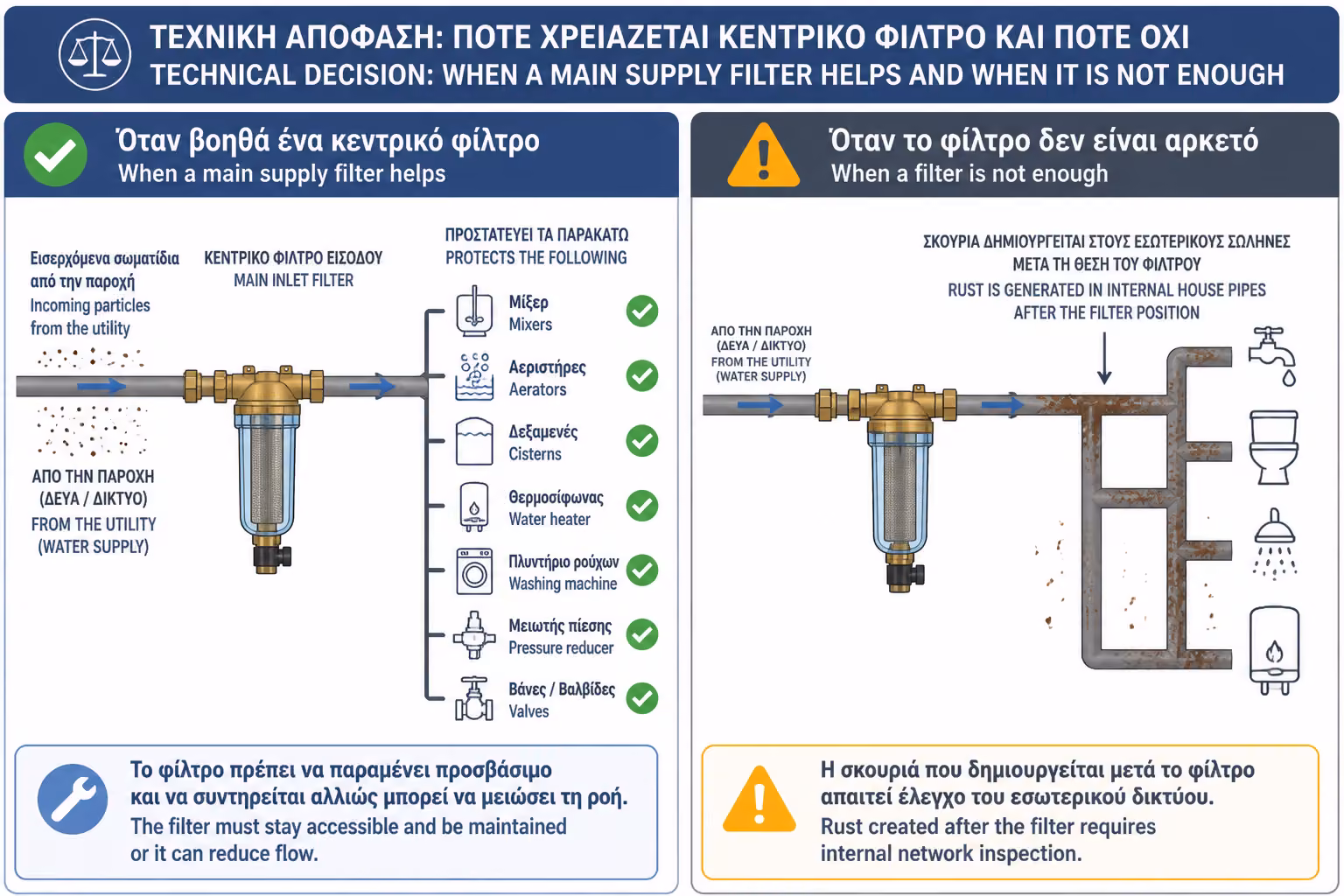 Φίλτρο κεντρικής παροχής, ως εικονογράφηση για συγκράτηση σκουριάς και σωματιδίων