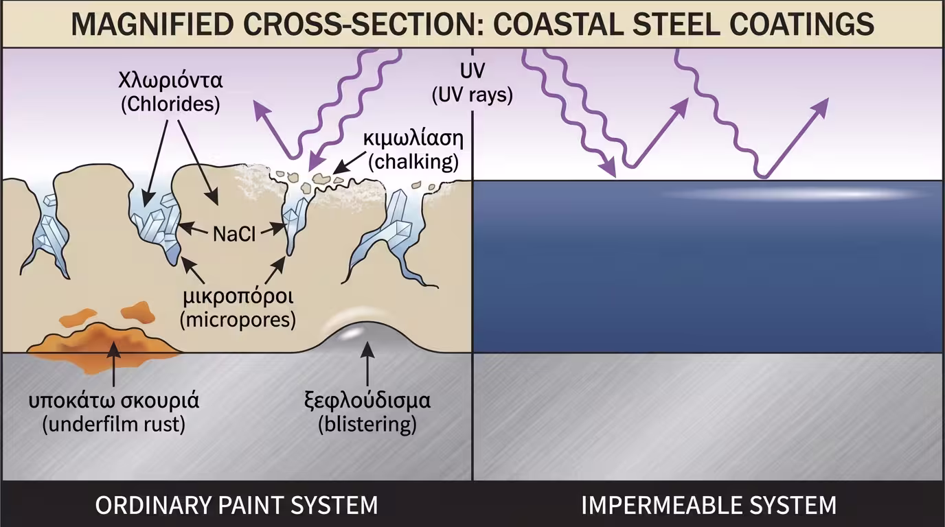 Ανάλυση διάτρησης (pitting) λόγω χλωριόντων σε παραθαλάσσιο χάλυβα.