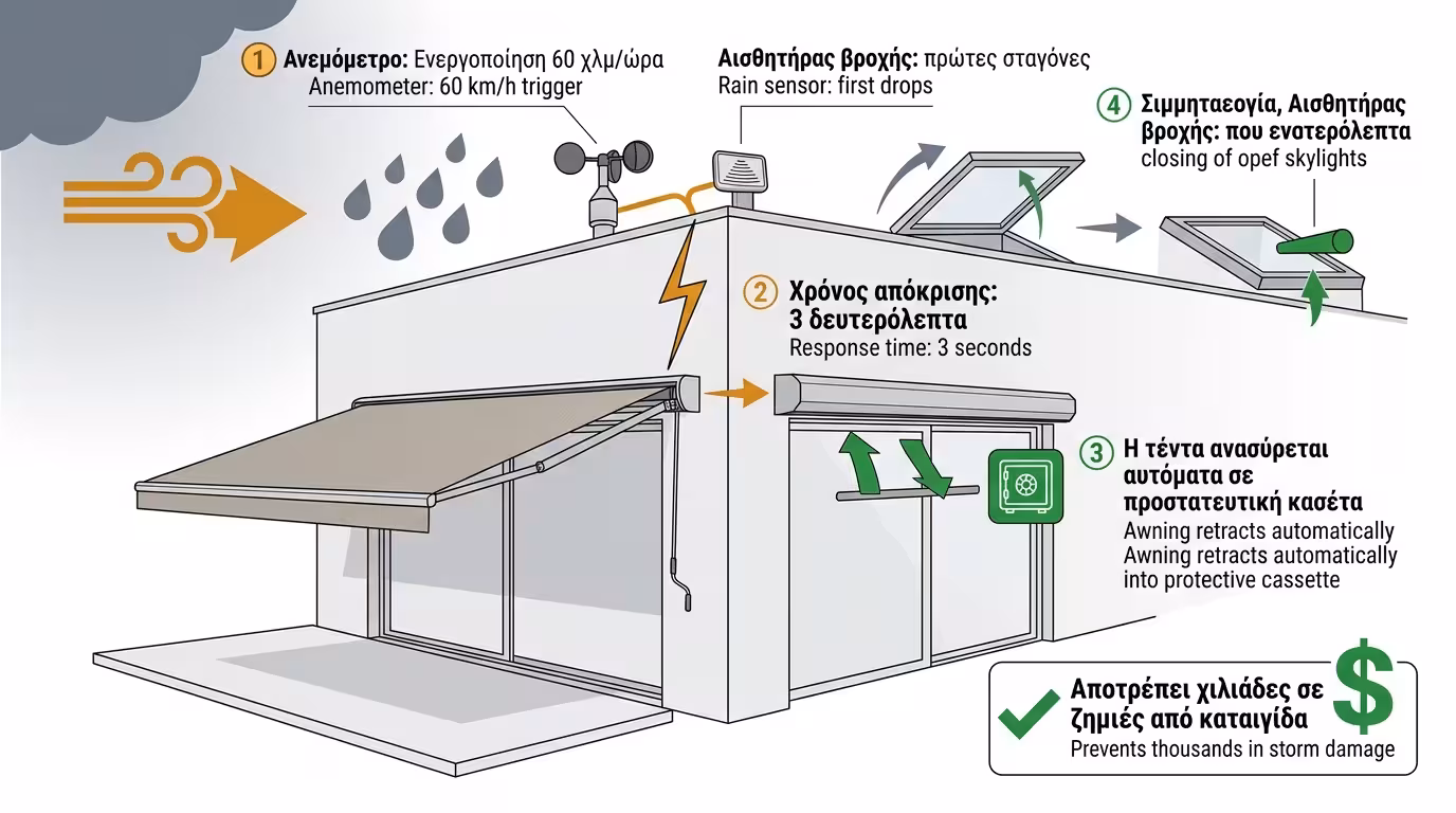 Ανεμόμετρο & αισθητήρας βροχής - αυτόματη μαζεμένη τέντα σε μπουρίνι