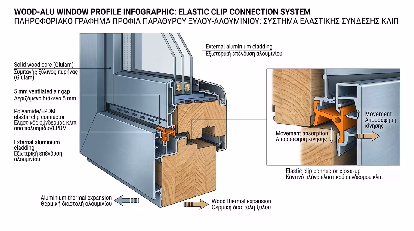 Ελαστικοί σύνδεσμοι clips και αεριζόμενο διάκενο 5 mm σε κούφωμα Wood-Alu