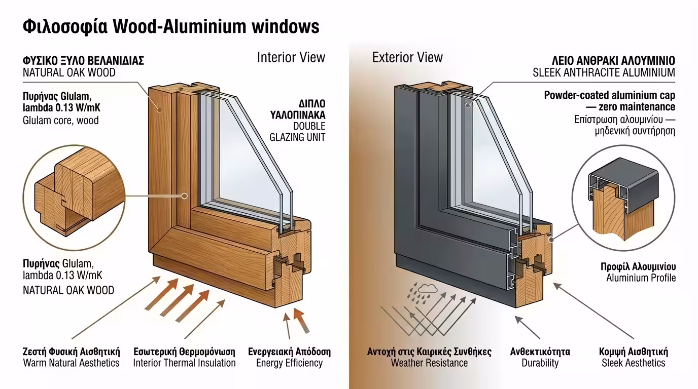Φιλοσοφία κουφωμάτων Wood-Alu - ξύλο εσωτερικά, αλουμίνιο εξωτερικά