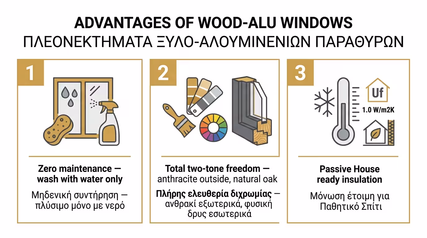 Πλεονεκτήματα κουφωμάτων Wood-Alu - μηδενική συντήρηση, διχρωμία, Passive House