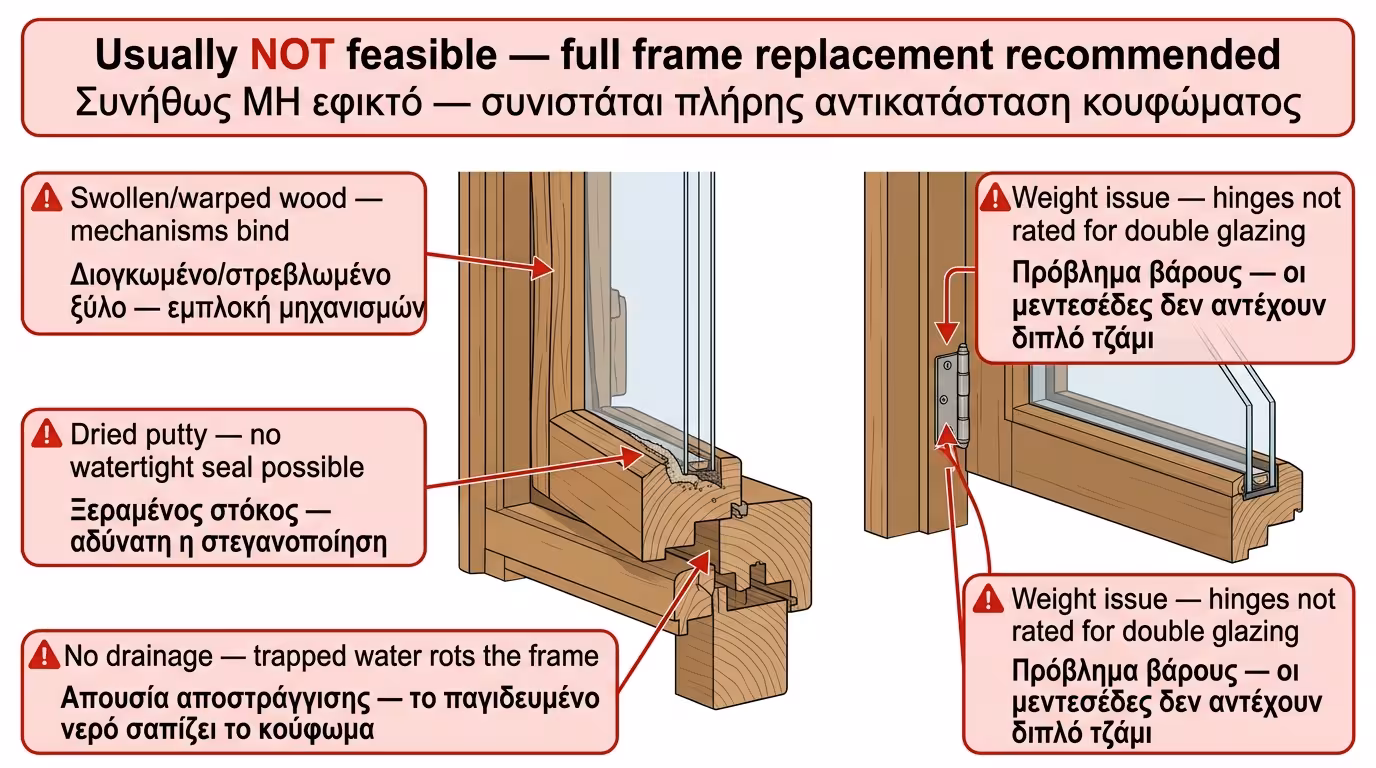 Παλιό ξύλινο κούφωμα με μονό τζάμι - αδυναμία τοποθέτησης διπλού ενεργειακού