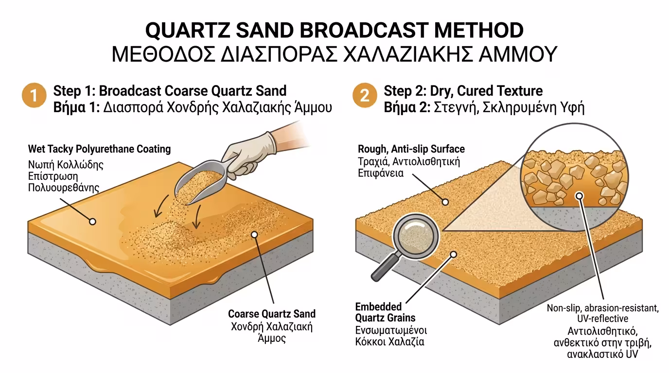 Χαλαζιακή άμμος στρωμένη σε νωπή πολυουρεθάνη - τραχιά προστατευτική επιφάνεια