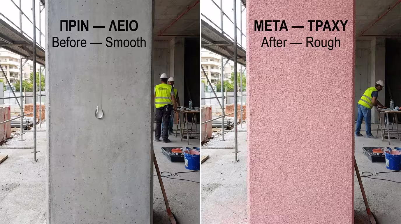 Εφαρμογή χαλαζιακού ασταριού με ρολό σε κολώνα μπετόν