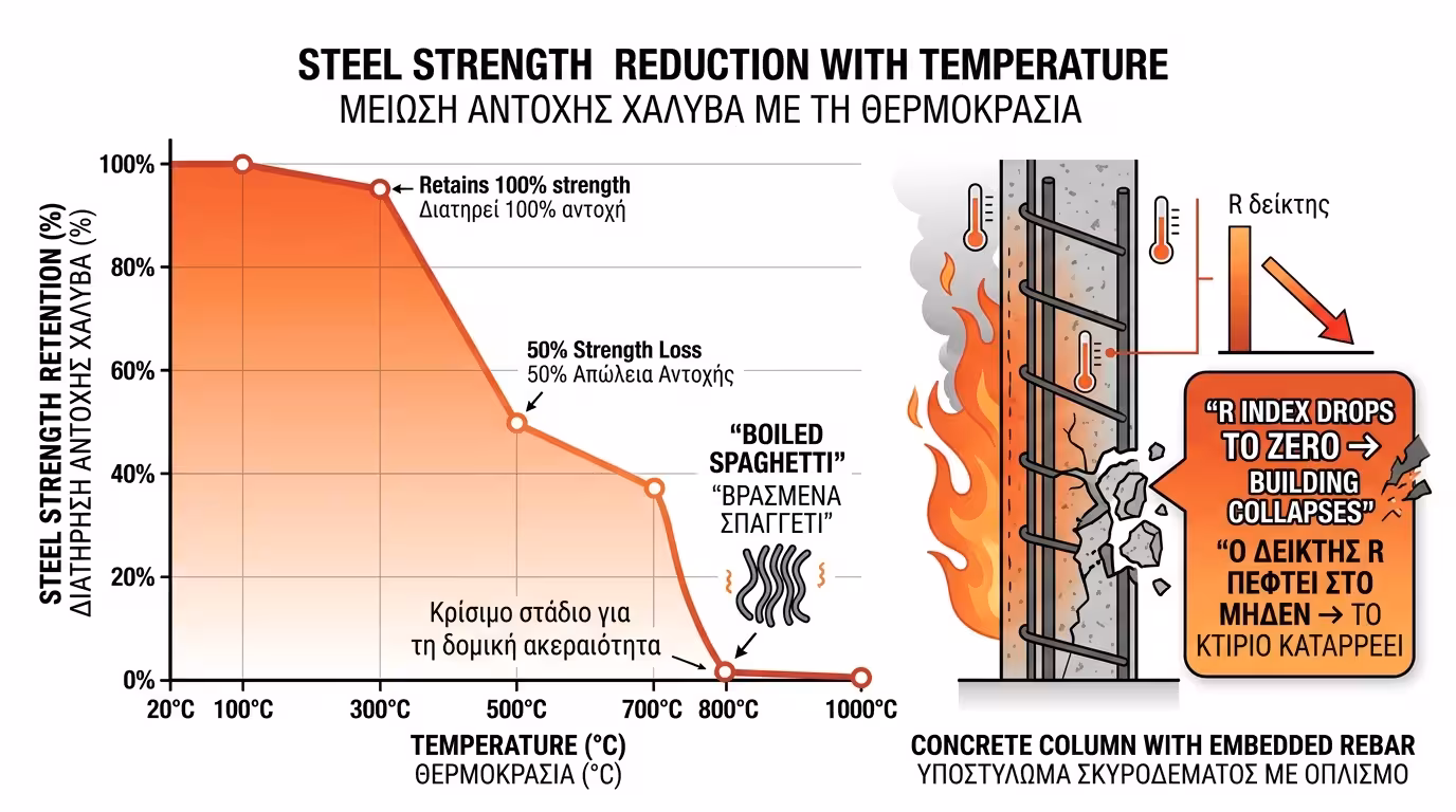Χάλυβας στους 500°C: χάνει 50% αντοχής, στους 700-800°C γίνεται σαν βρασμένο μακαρόνι