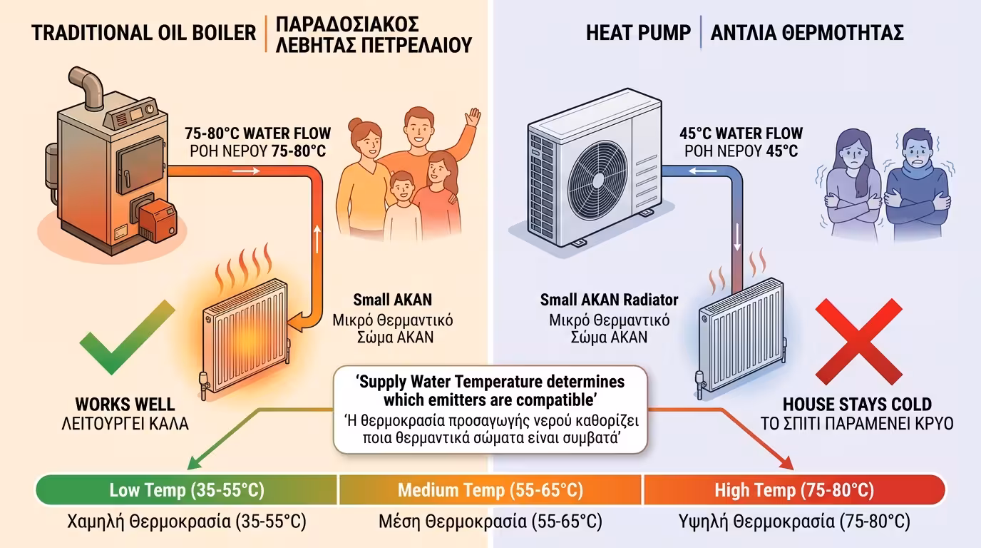 Σύγκριση θερμοκρασίας νερού λέβητα 75°C με αντλία θερμότητας 35-55°C
