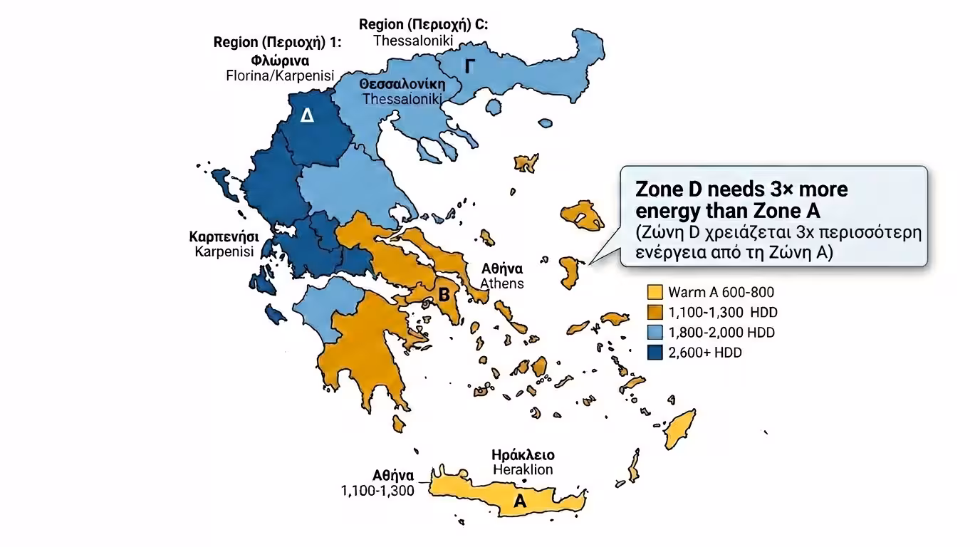 Χάρτης Ελλάδας - 4 κλιματικές ζώνες Α-Δ με HDD ανά πόλη