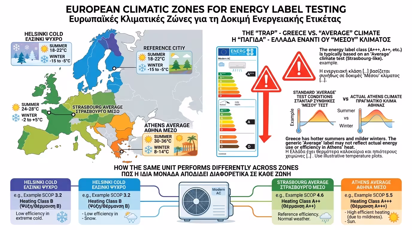 Χάρτης κλιματικών ζωνών Ευρώπης - μπλε ψυχρή, πράσινη εύκρατη, πορτοκαλί θερμή ζώνη
