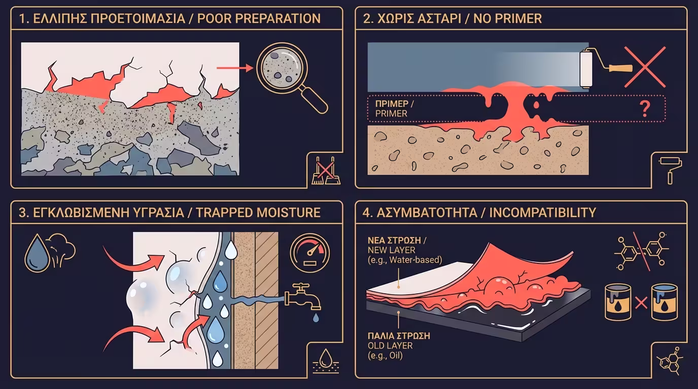 Τέσσερις αιτίες ξεφλουδίσματος: ελλιπής προετοιμασία, χωρίς αστάρι, εγκλωβισμένη υγρασία, ασυμβατότητα