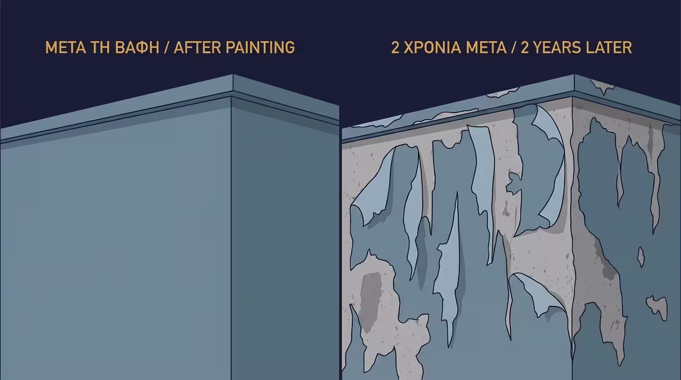 Πριν και μετά - πρόσοψη κτιρίου αμέσως μετά τη βαφή vs 2 χρόνια αργότερα με ξεφλούδισμα