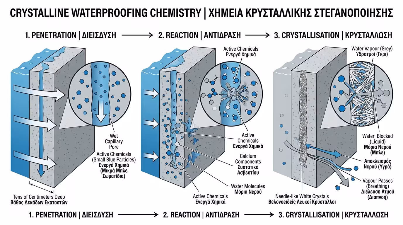 Χημεία κρυσταλλικής υγρομόνωσης - διείσδυση, αντίδραση, κρυσταλλοποίηση
