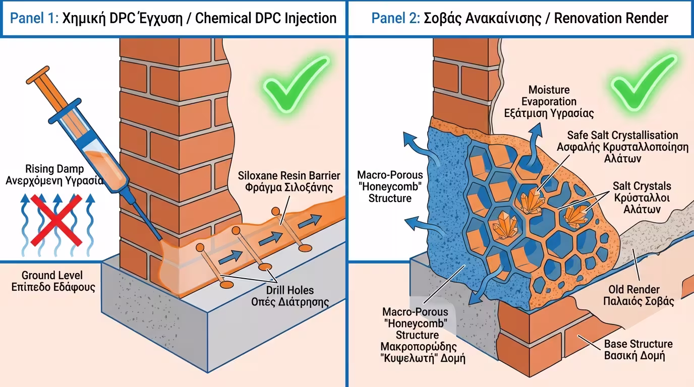 Χημικές ενέσεις σιλοξάνης + αφυγραντικός σοβάς