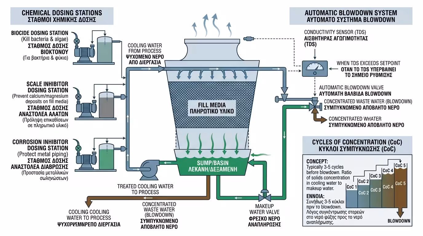 Χημική επεξεργασία νερού πύργου ψύξης - blowdown, δοσομετρική αντλία, αντικαθαλατωτικά