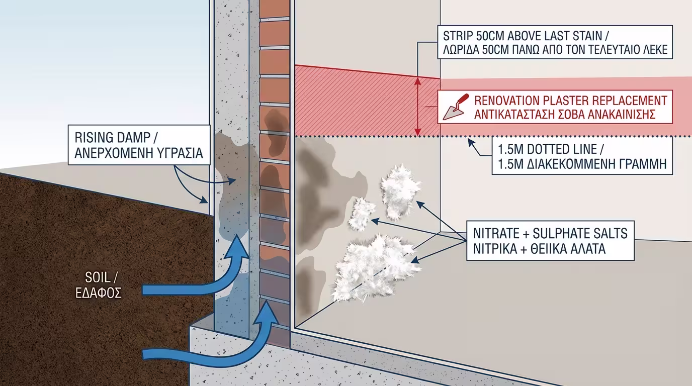Λευκοί κρύσταλλοι αλάτων στη βάση τοίχου ισογείου - ανιούσα υγρασία μέχρι 1.5 μέτρο