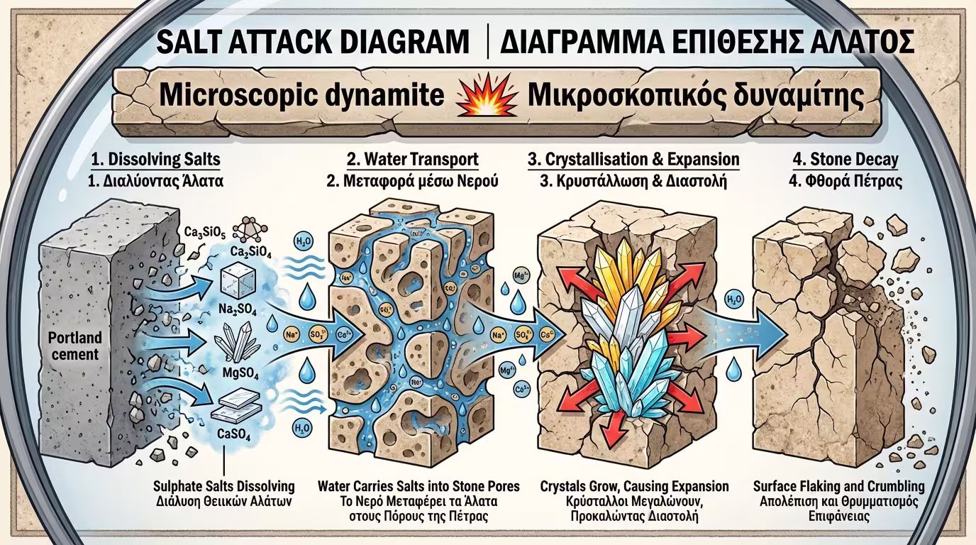 Θειικά άλατα Portland κρυσταλλοποιούνται μέσα στους πόρους της πέτρας - αποφλοίωση