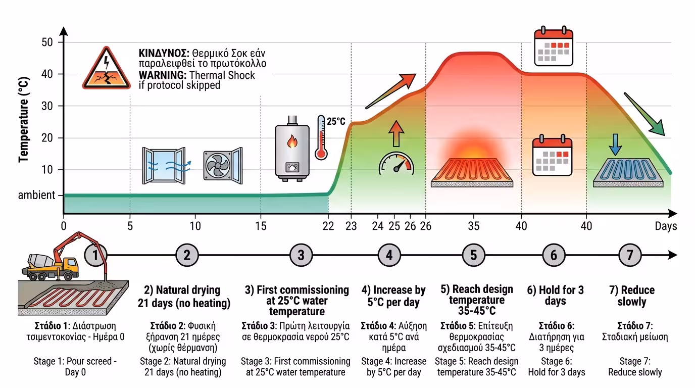 Πρωτόκολλο θερμικού σοκ ενδοδαπέδιας - σταδιακή αύξηση θερμοκρασίας νερού κατά 5°C ημερησίως
