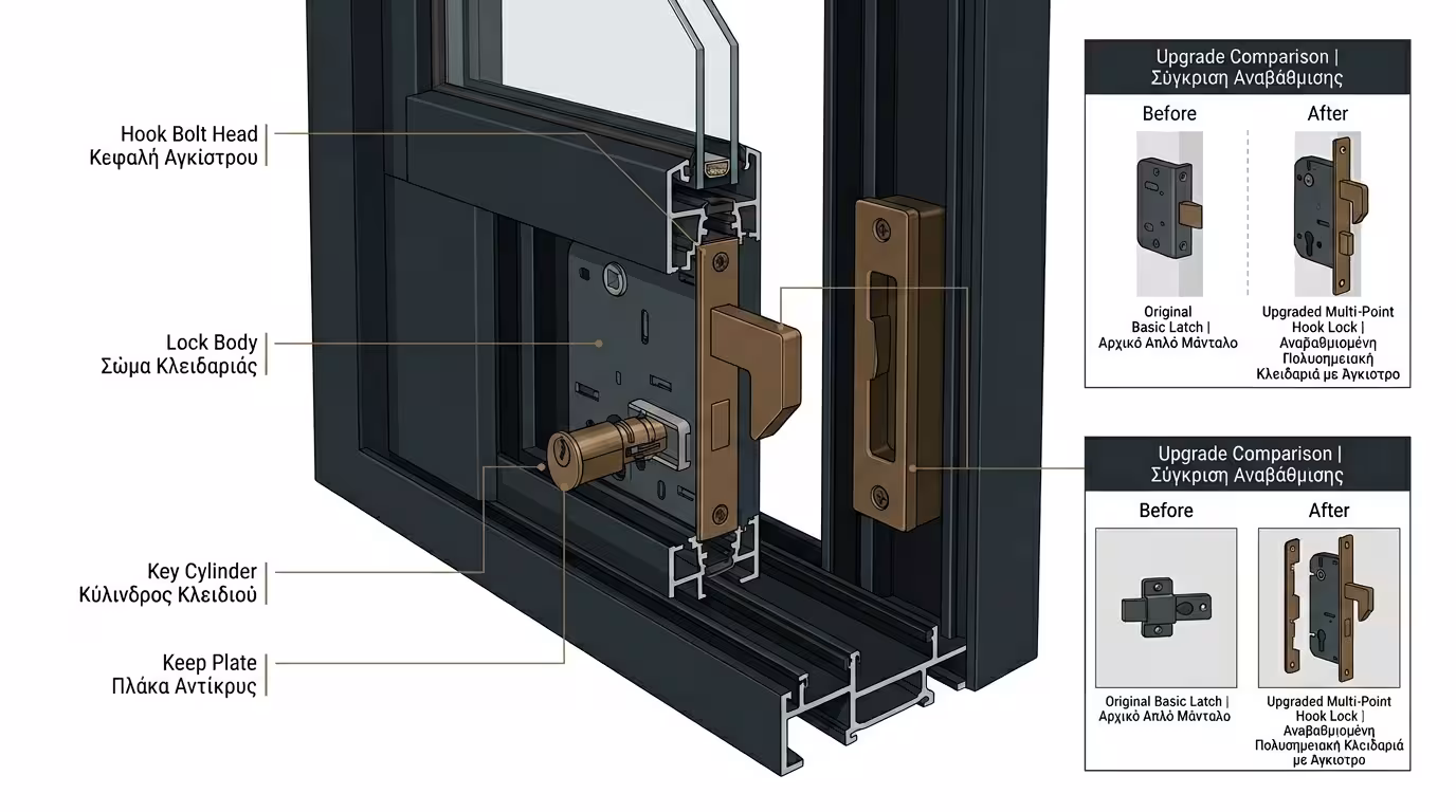 Χωνευτή κλειδαριά hook lock αναβάθμιση συρόμενου αλουμινίου