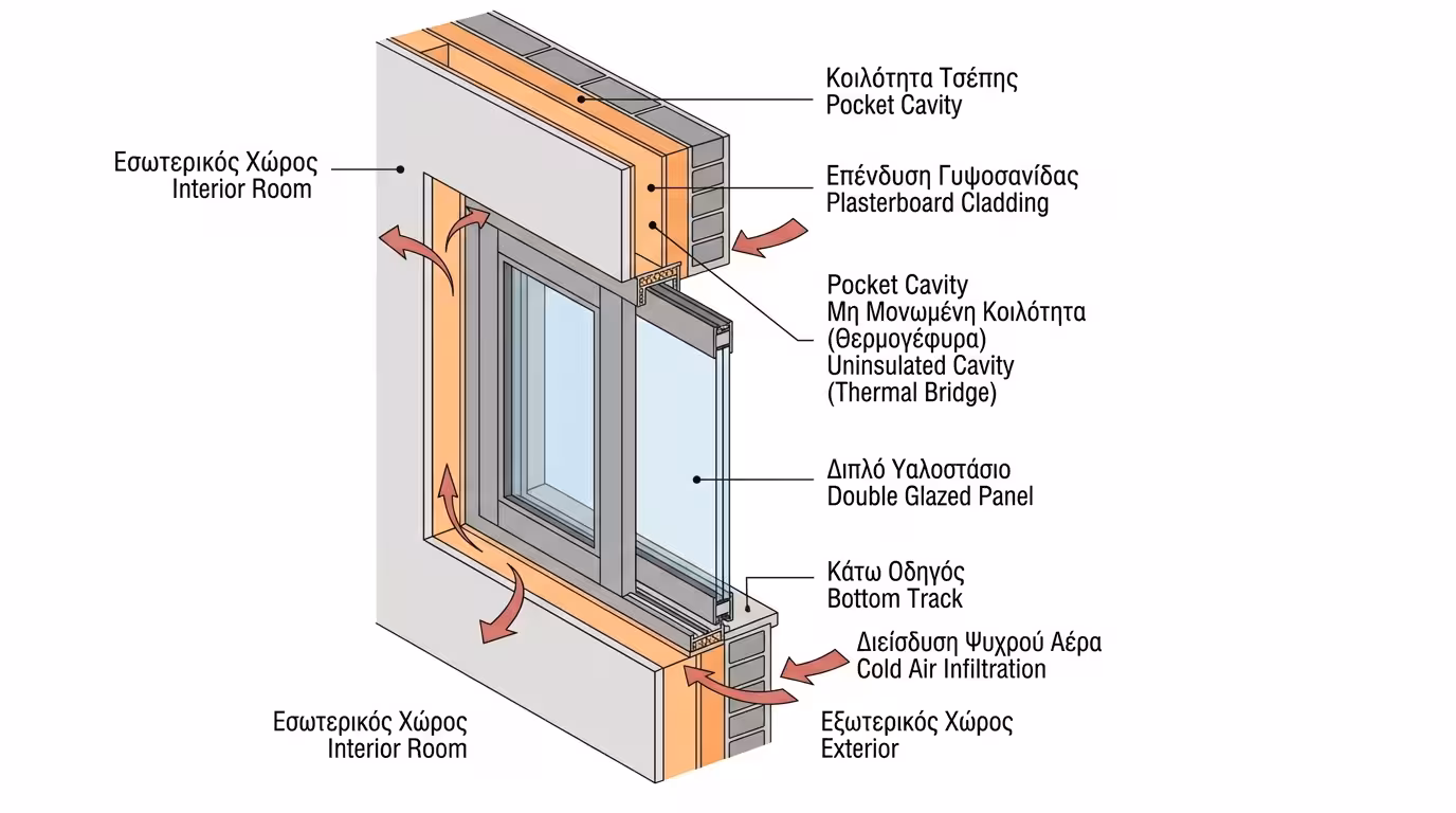 Χωνευτό συρόμενο - το φύλλο κρύβεται μέσα στον διπλό τοίχο (pocket)