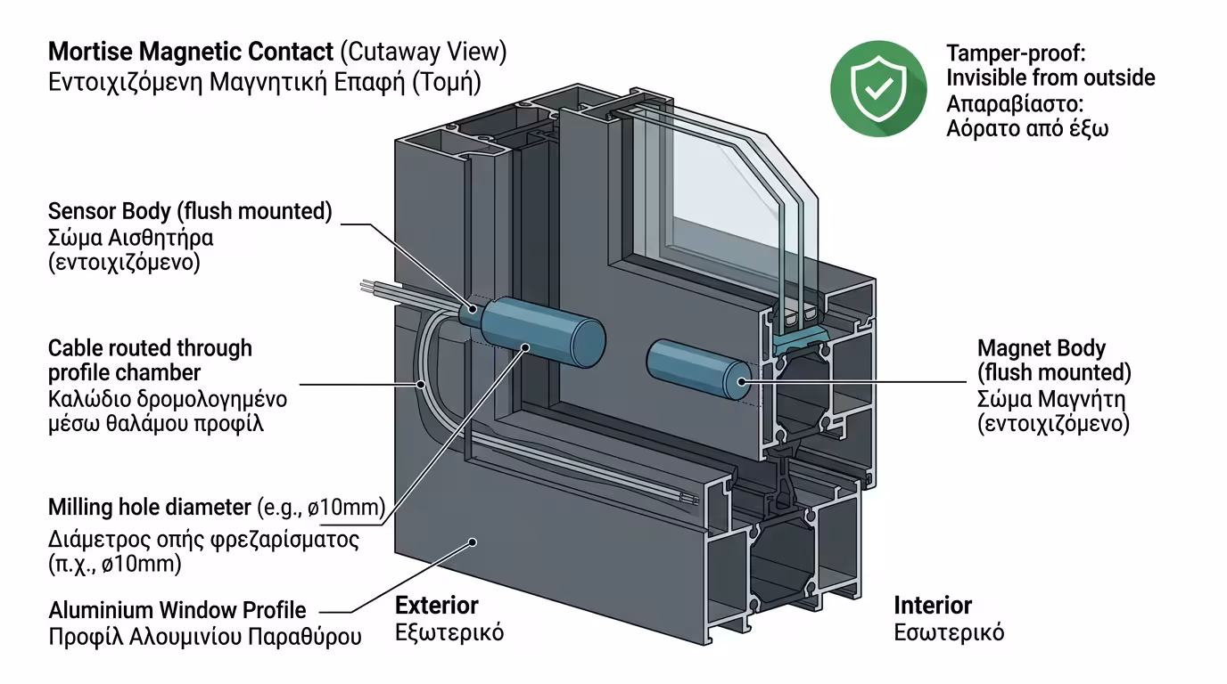 Χωνευτές κρυφές μαγνητικές επαφές μέσα στο προφίλ αλουμινίου - αόρατη προστασία