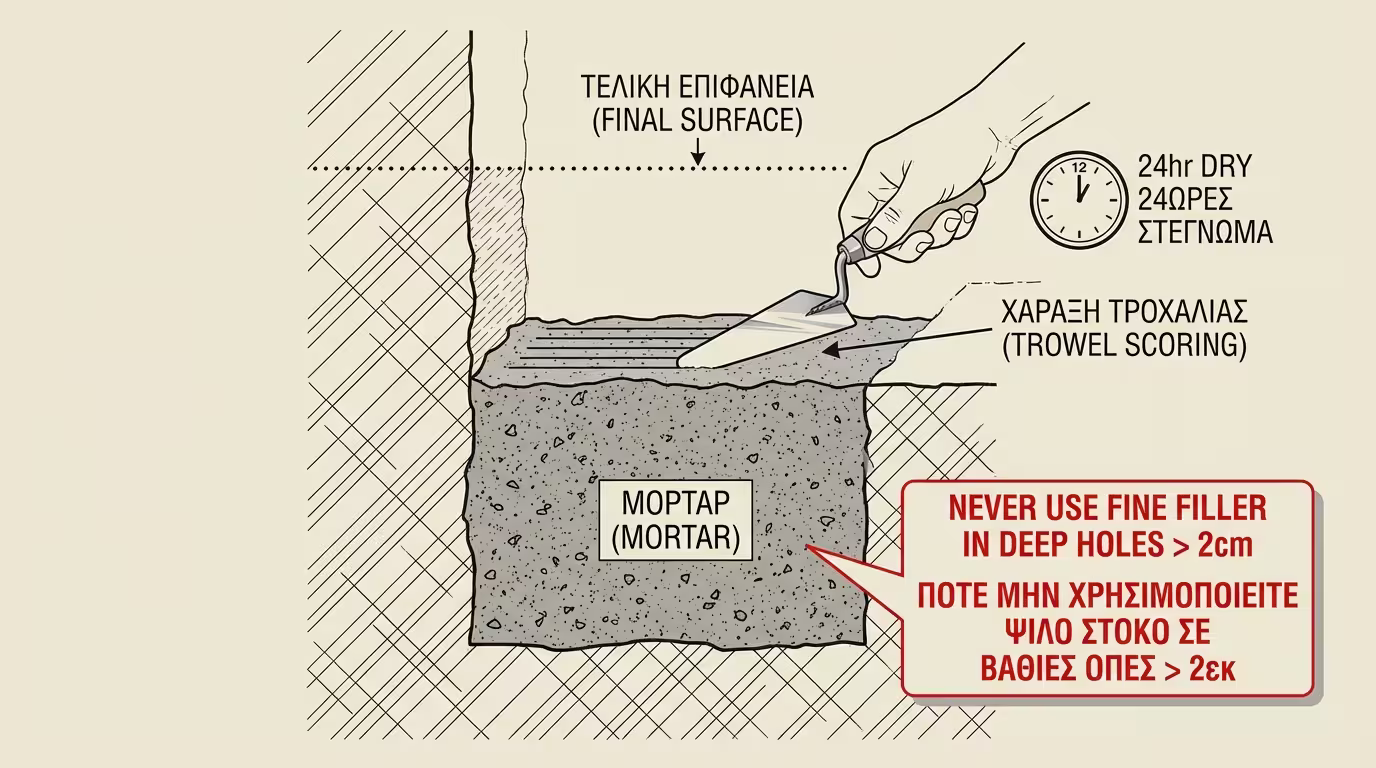 Χοντρό γέμισμα: μυστρί πιέζει λάσπη, σταματά 2-3mm κάτω, γραμμές πρόσφυσης