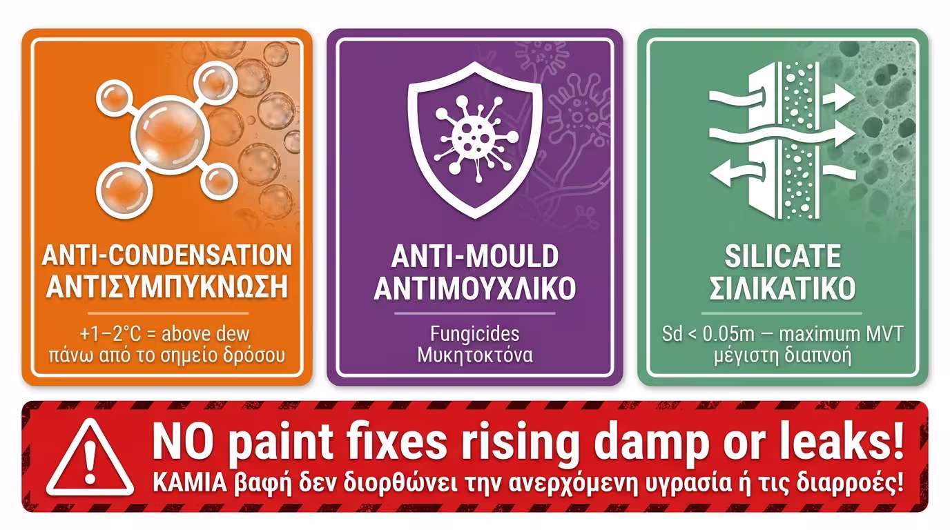 Infographic: 3 κατηγορίες χρωμάτων - αντισυμπυκνωτικό, αντιμουχλικό, υψηλής διαπνοής