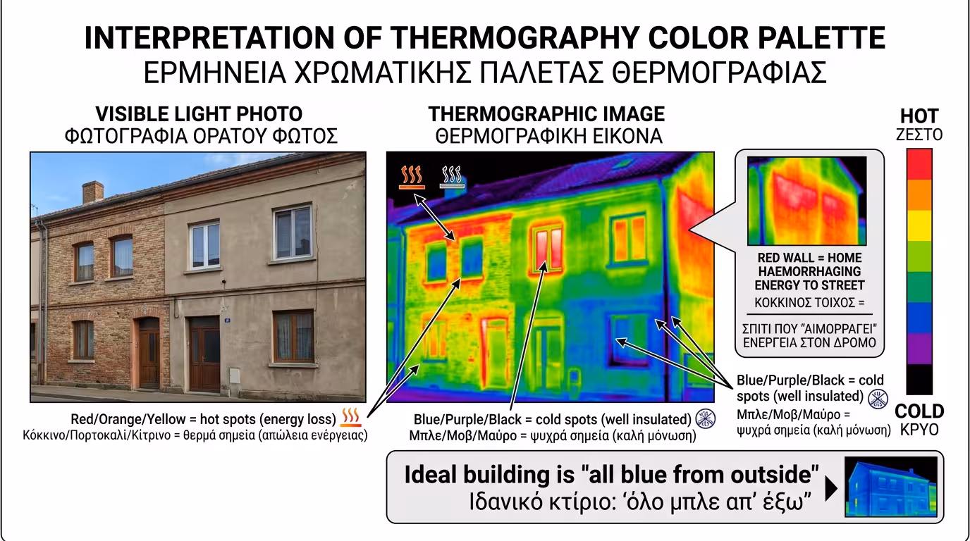 Χρωματική παλέτα θερμογράφησης - κόκκινο=ζεστό, μπλε=κρύο
