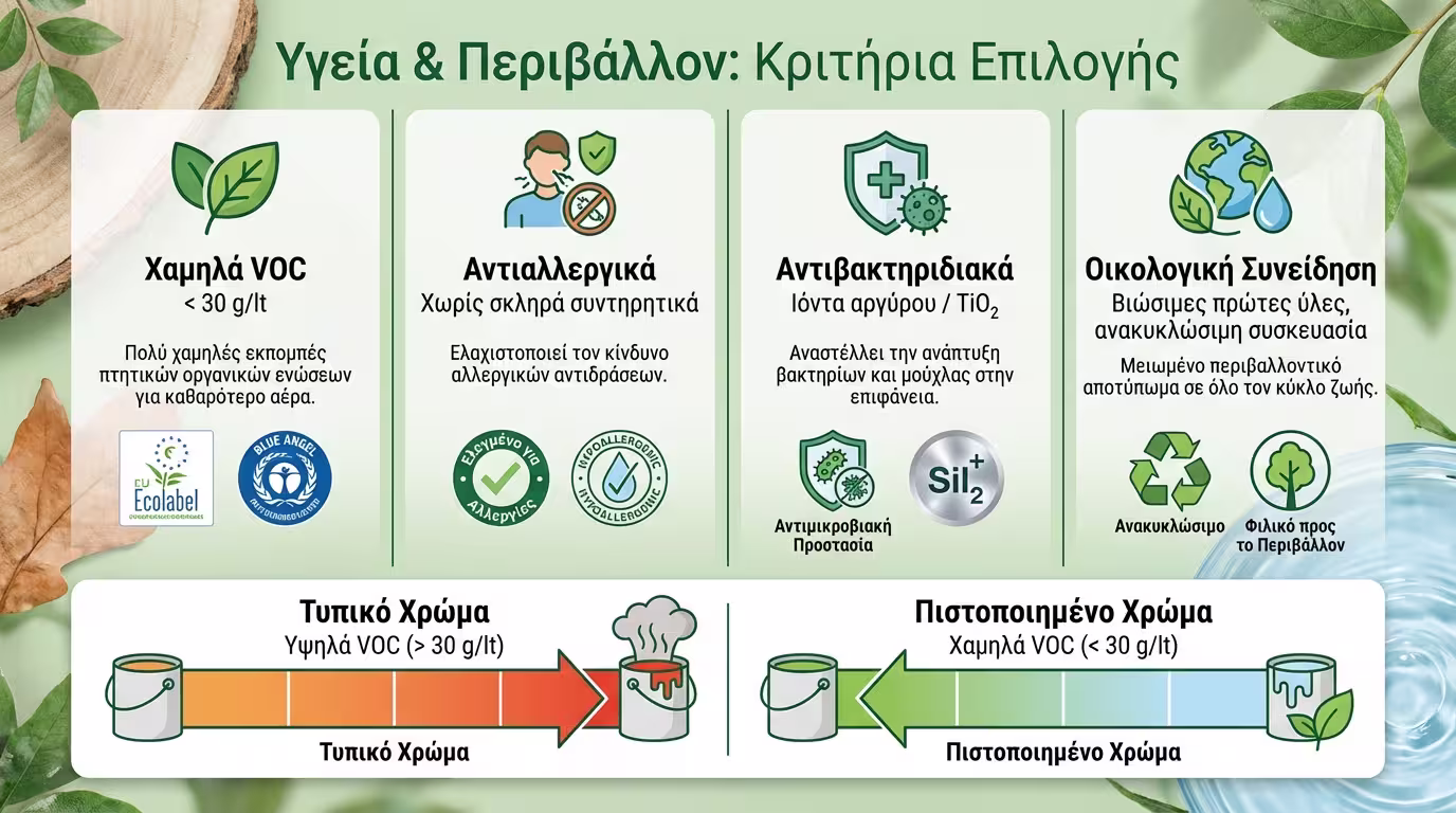 Ινφογκράφικ υγείας και περιβάλλοντος: VOC, πιστοποιήσεις, αντιαλλεργικά χρώματα