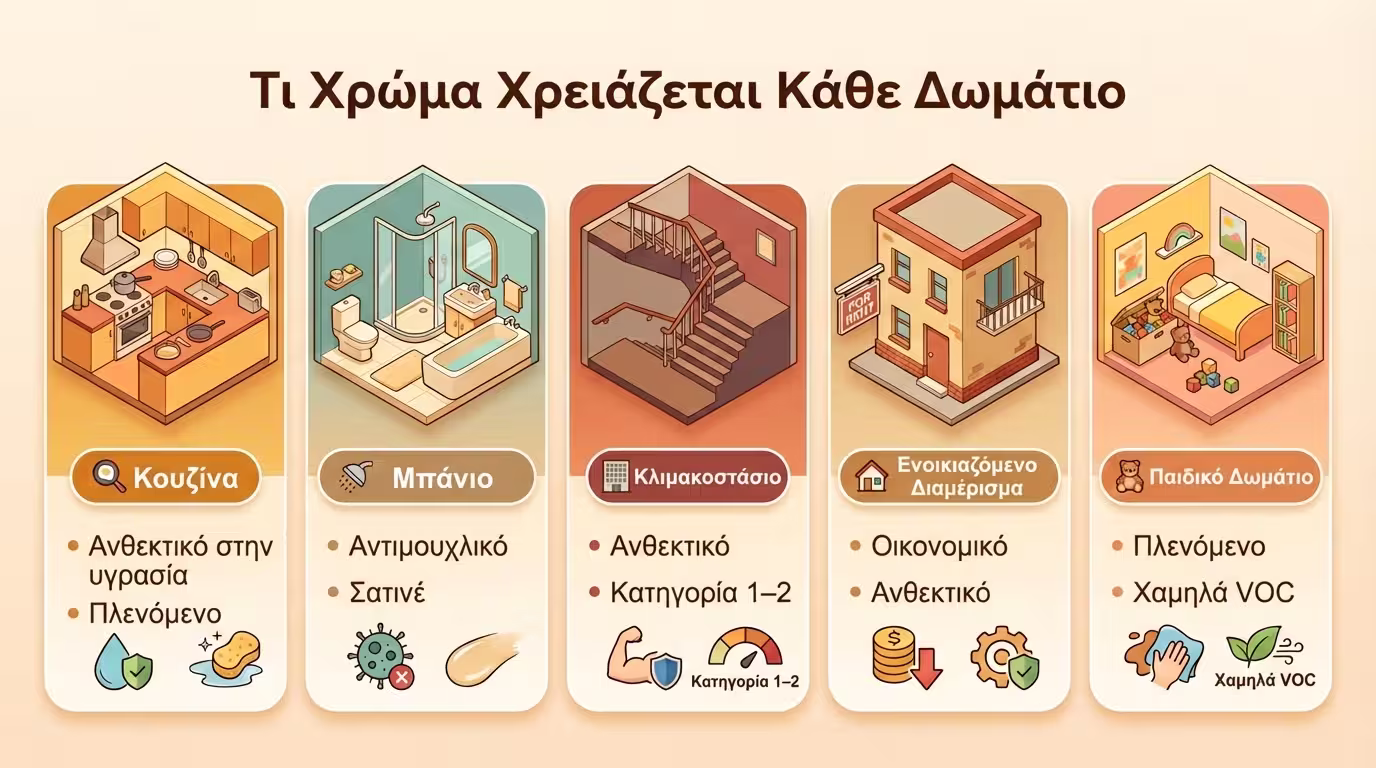 Ινφογκράφικ επιλογής χρώματος ανά χρήση χώρου: κουζίνα, μπάνιο, κλιμακοστάσιο, παιδικό