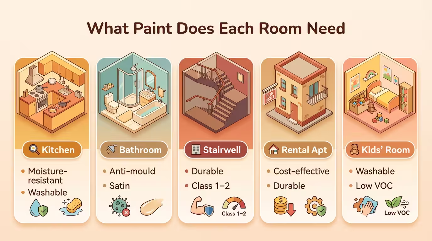 Infographic of paint selection per room: kitchen, bathroom, stairwell, children's room