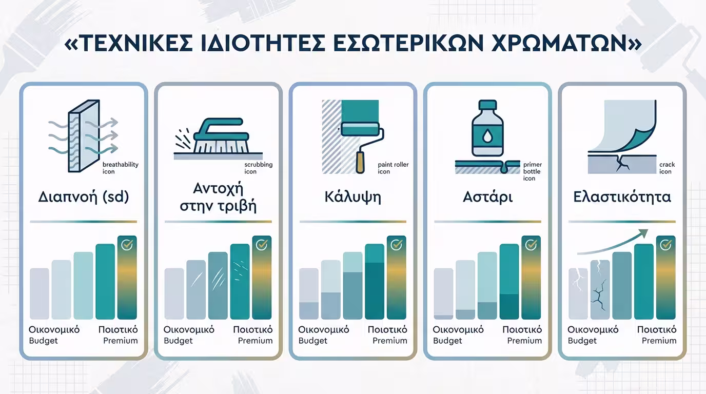 Ινφογκράφικ τεχνικών χαρακτηριστικών εσωτερικών χρωμάτων: διαπνοή, τριβή, καλυπτικότητα