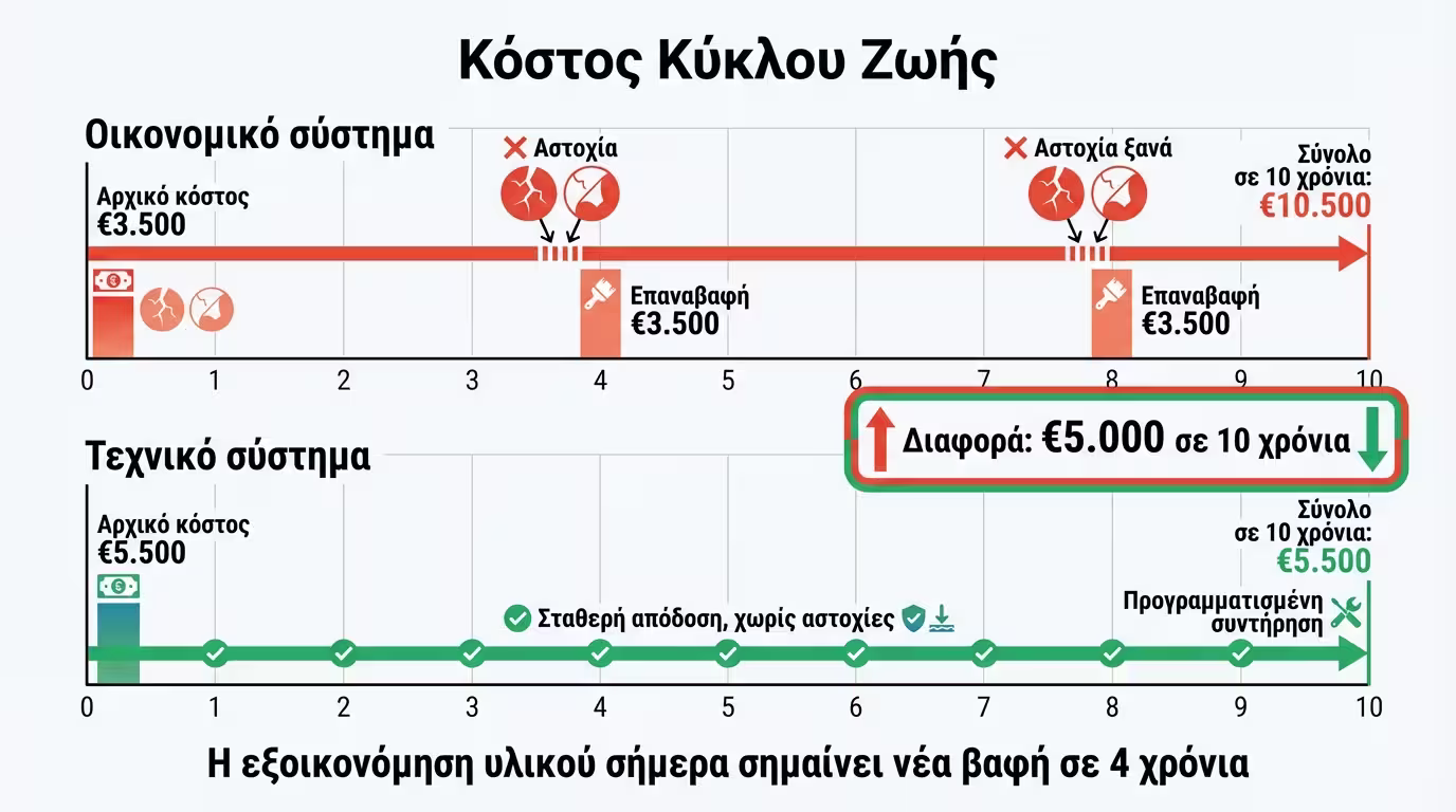 Ινφογκράφικ κόστους κύκλου ζωής: οικονομικό σύστημα vs τεχνικό σύστημα σε 10 χρόνια
