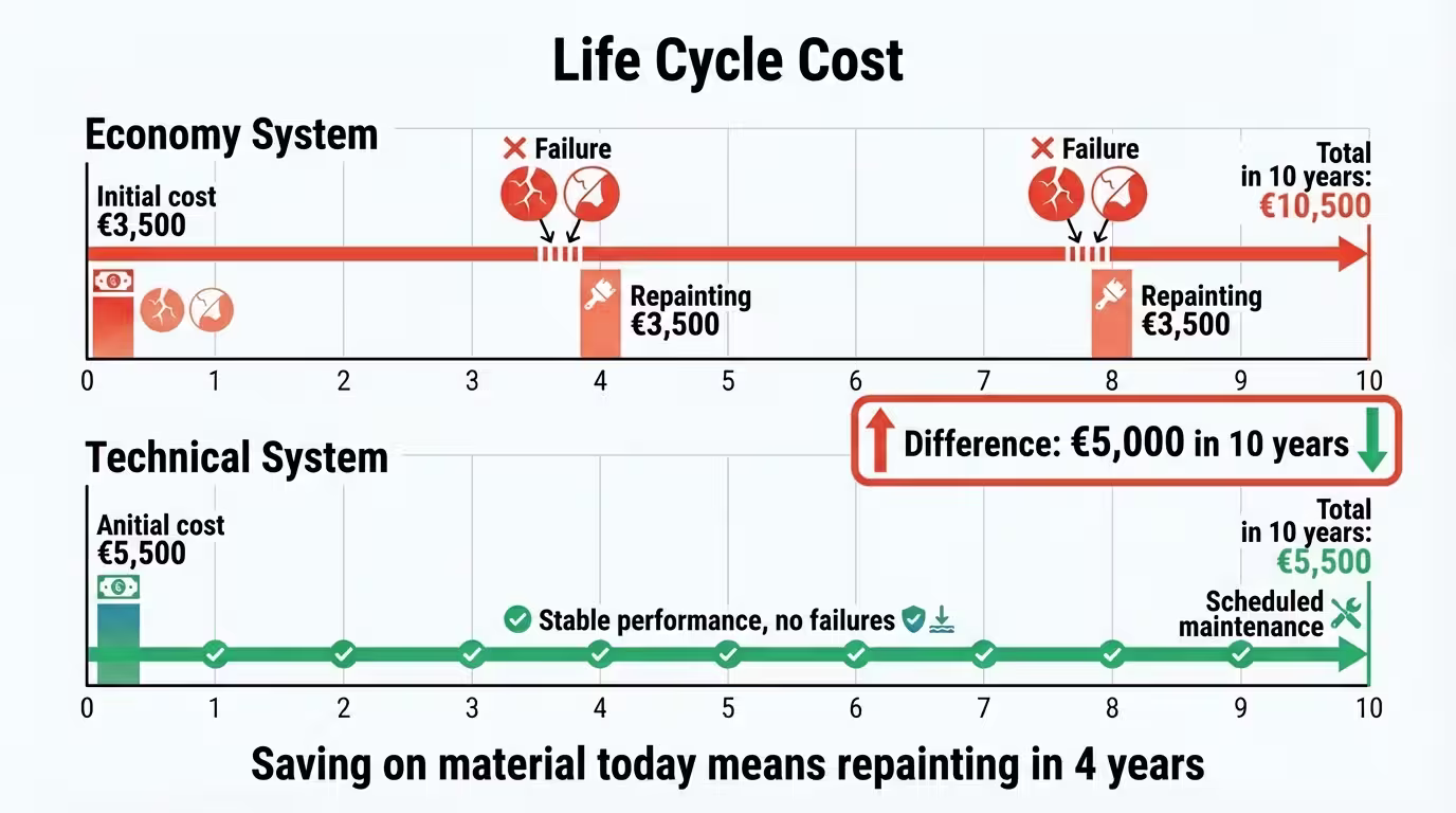 Lifecycle cost infographic: economy system vs technical system over 10 years