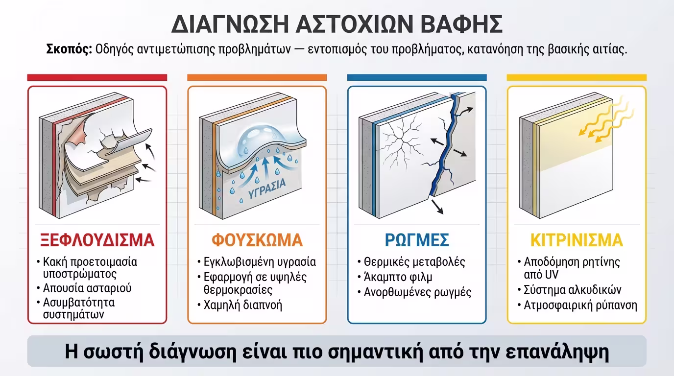 Διαγνωστικό διάγραμμα αστοχιών βαφής: ξεφλούδισμα, φουσκώματα, ρωγμές, κιτρίνισμα