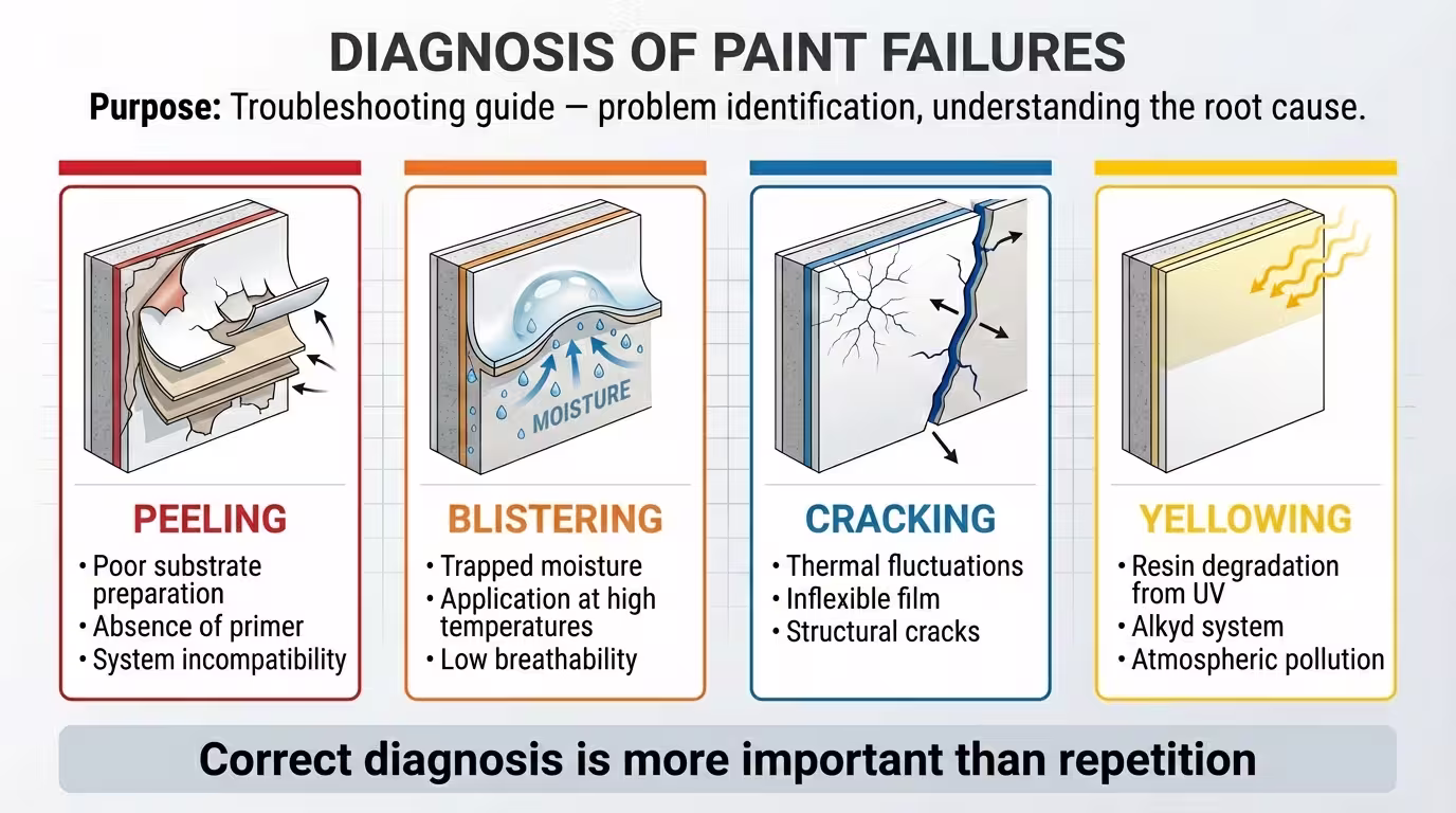 Diagnostic chart of paint failures: peeling, blistering, cracking, yellowing
