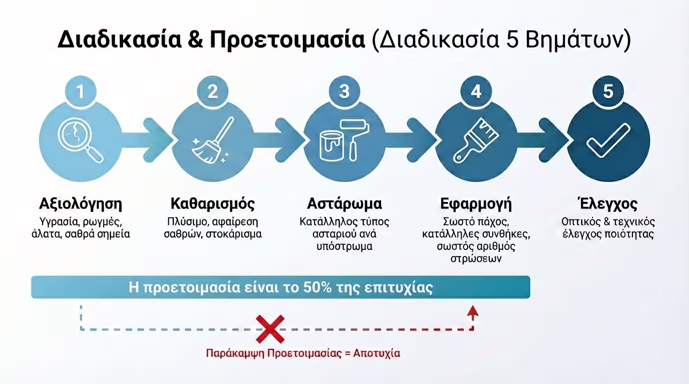 Ινφογκράφικ 5 βημάτων: αξιολόγηση, καθαρισμός, αστάρωμα, εφαρμογή, έλεγχος