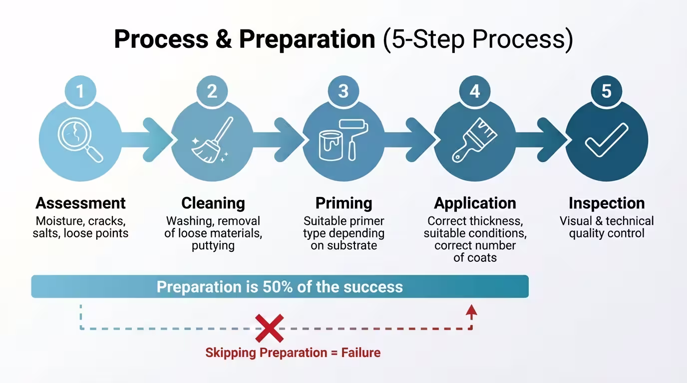 5-step infographic: assessment, cleaning, priming, application, inspection
