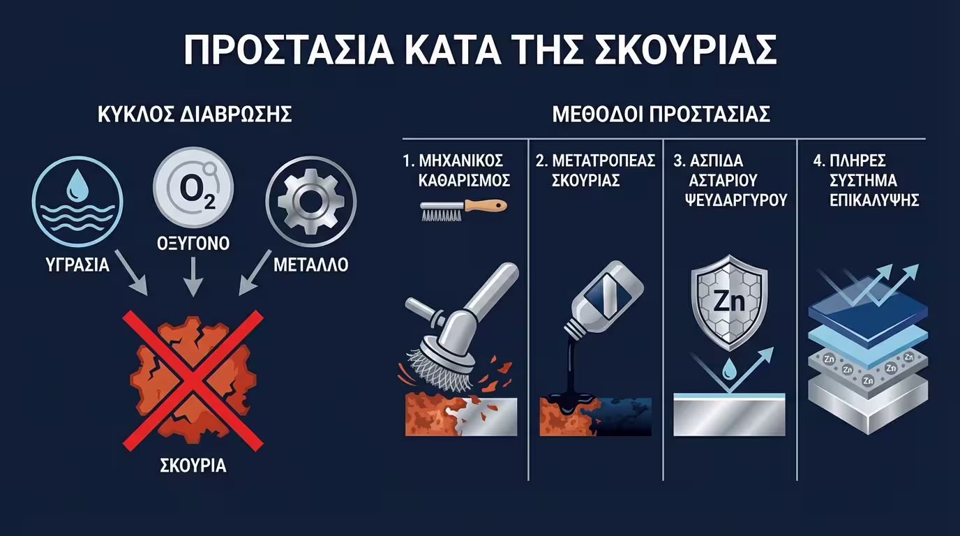 Ινφογκράφικ αντισκωριακής προστασίας: σκουριά, μετατροπείς, ψευδάργυρος, θαλάσσιο περιβάλλον
