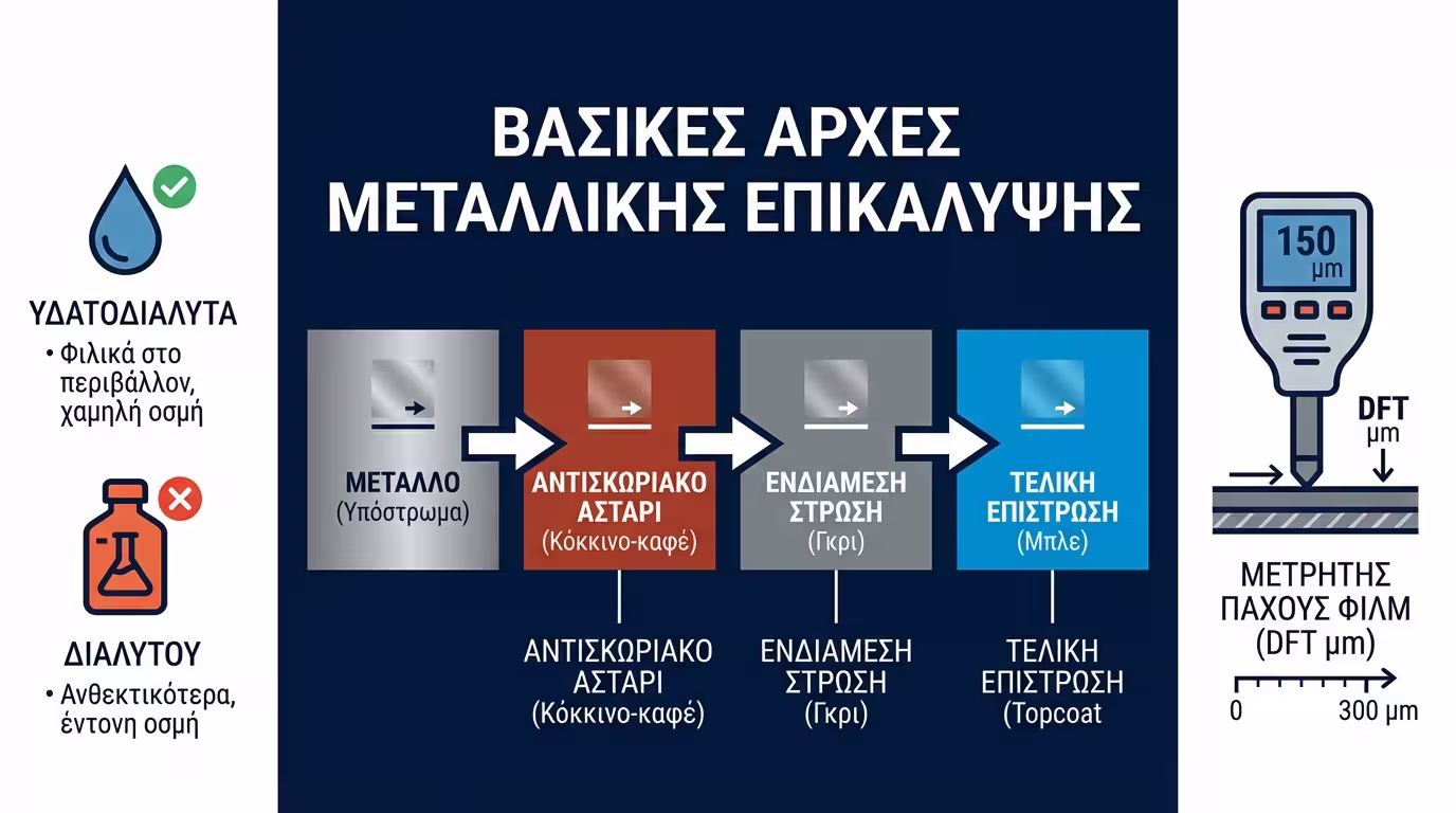 Ινφογκράφικ βασικών αρχών βαφής μετάλλων: πρόσφυση, διάβρωση, σύστημα βαφής