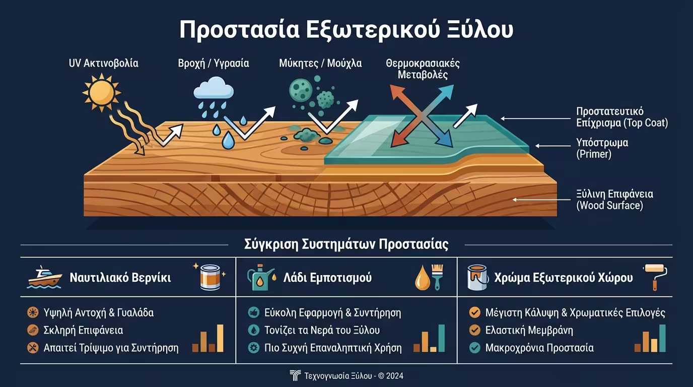 Ινφογκράφικ προστασίας εξωτερικού ξύλου: UV, βροχή, μύκητες, συντήρηση