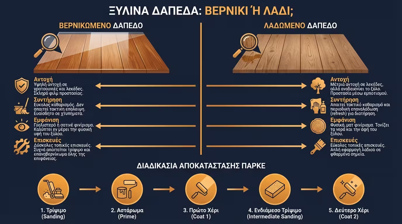 Ινφογκράφικ ξύλινων δαπέδων: βερνίκωμα, λάδωμα, αναπαλαίωση παρκέ