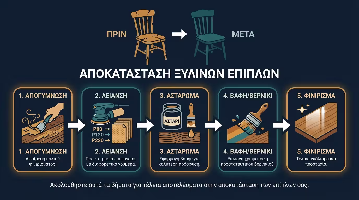 Ινφογκράφικ αναπαλαίωσης επίπλων: τρίψιμο, αστάρι, βαφή, φινίρισμα